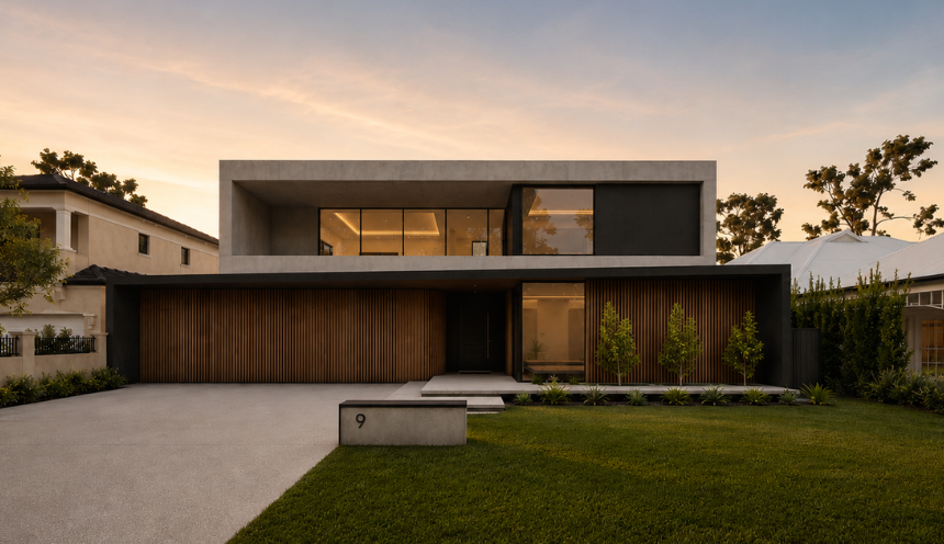 rchitectural render of a contemporary custom home in Mount Pleasant featuring timber-look cladding, dark framing and landscaped gardens.