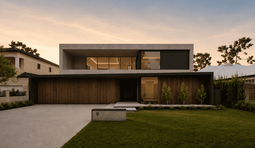 rchitectural render of a contemporary custom home in Mount Pleasant featuring timber-look cladding, dark framing and landscaped gardens.