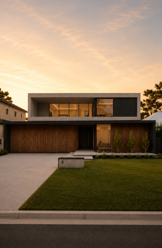 Architectural render of a contemporary Mount Pleasant custom home with contrasting facade materials, expansive glazing and landscaped frontage at sunset.