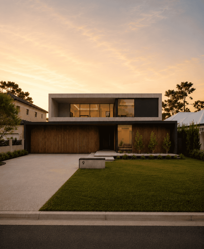 Architectural render of a contemporary Mount Pleasant custom home with contrasting facade materials, expansive glazing and landscaped frontage at sunset.