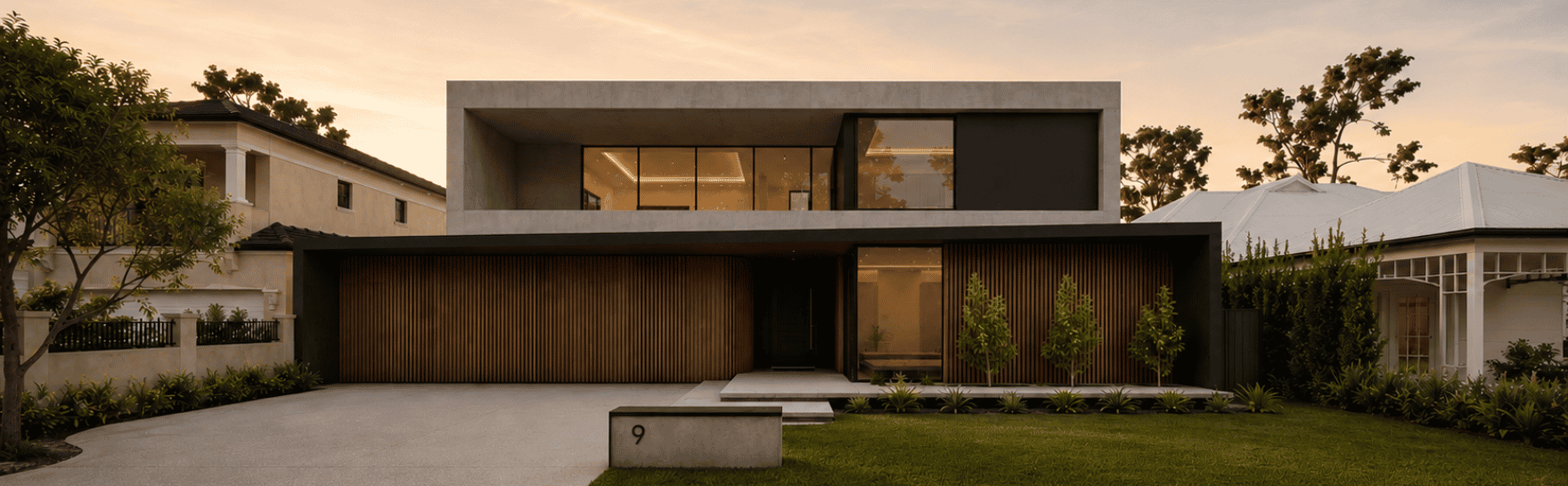 Architectural render of a modern custom home in Mount Pleasant, Perth, featuring timber-look cladding, dark framing and horizontal rooflines.
