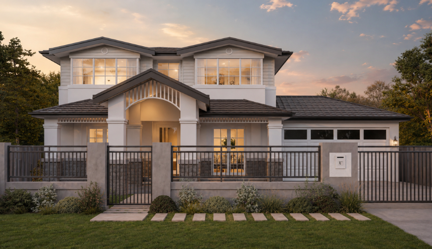 Architectural render of a two-storey custom home featuring traditional rooflines, stone detailing and landscaped frontage.