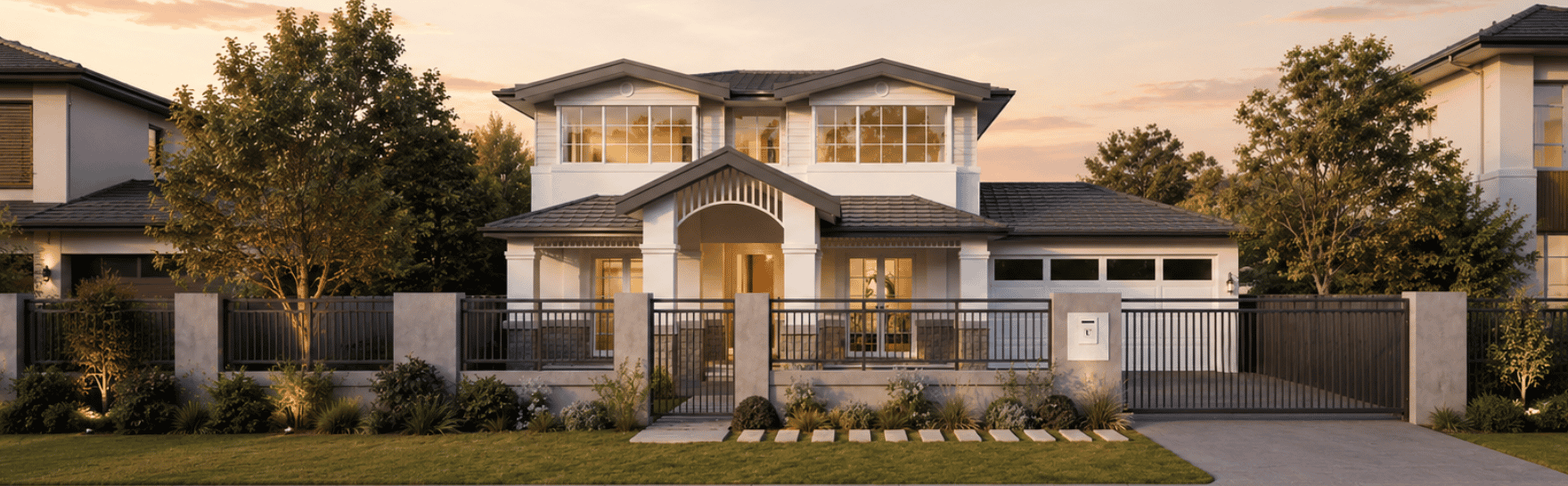 Architectural render of a two-storey custom home featuring traditional rooflines, stone detailing and landscaped gardens in City Beach.