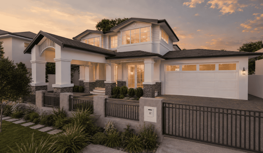Architectural render of a two-storey custom home featuring a covered balcony, traditional detailing and feature lighting at dusk in City Beach.