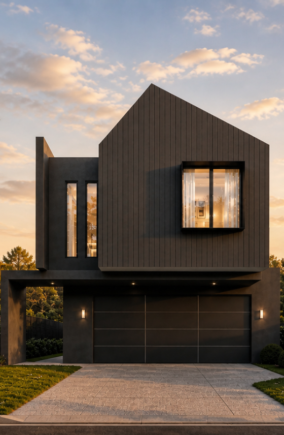 Architectural render of a two-storey custom home in Karrinyup featuring dark cladding, pitched rooflines and illuminated windows.