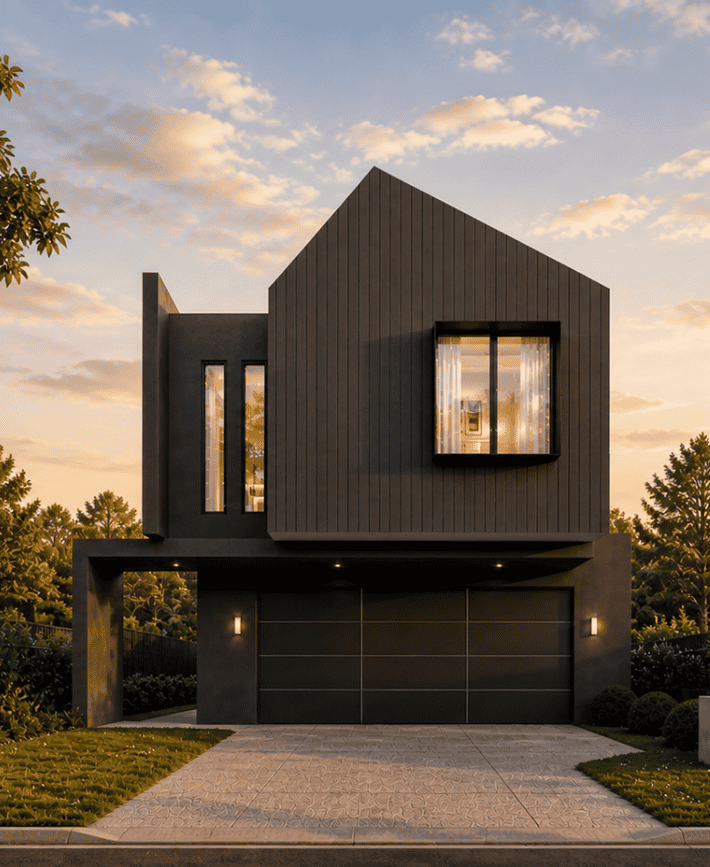 Architectural render of a two-storey custom home in Karrinyup featuring dark cladding, pitched rooflines and illuminated windows.