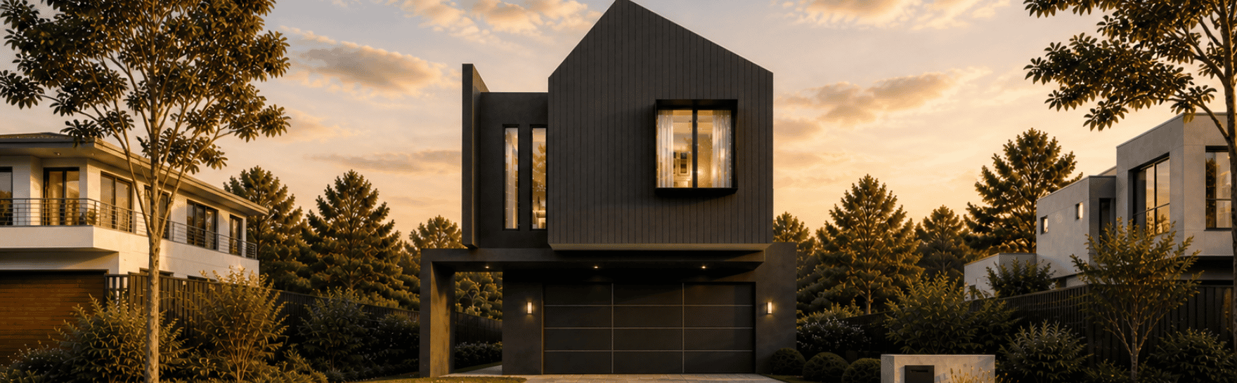 Architectural render of a contemporary Karrinyup custom home featuring dark exterior cladding, angular rooflines and landscaped gardens.