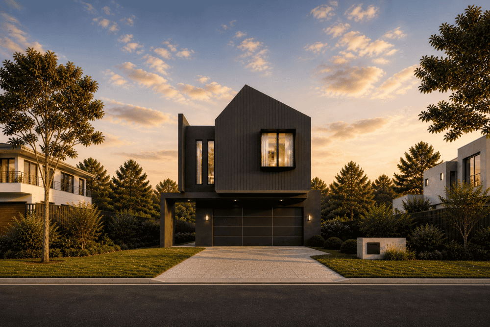 Architectural render of a two-storey custom home in Karrinyup featuring dark exterior cladding, pitched rooflines and illuminated windows.