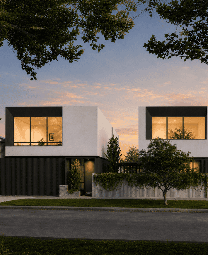 Architectural render of a modern single-storey custom home featuring white exterior walls, large windows and landscaped gardens.