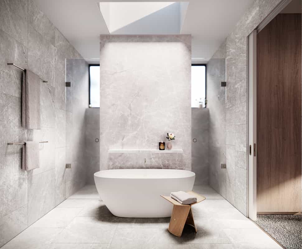 Architectural render of a bathroom featuring natural stone finishes, freestanding bath and warm lighting.