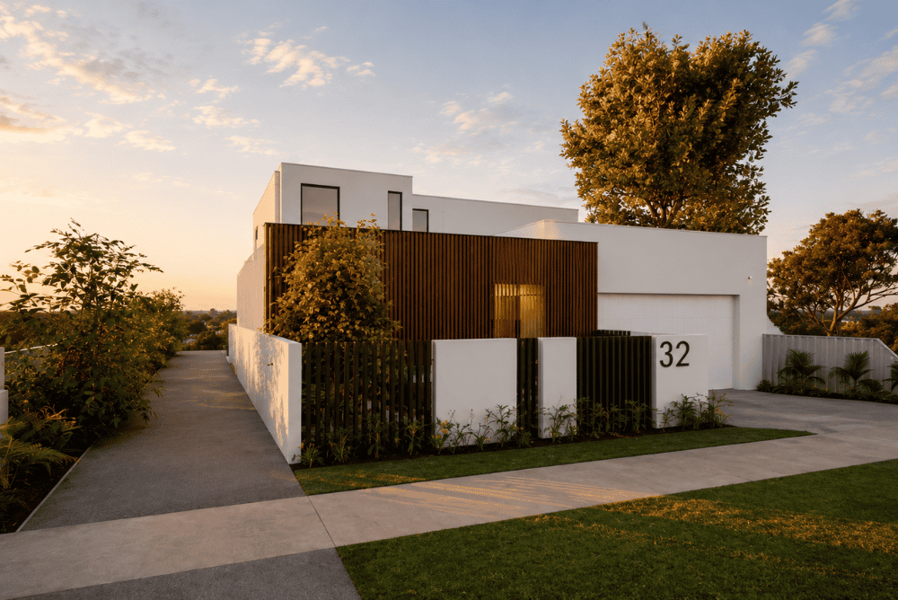 Architectural render of a custom home featuring a timber-clad entry, white rendered facade and contemporary architectural detailing.