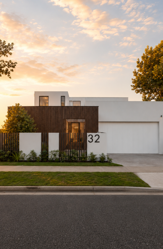 Architectural render of a contemporary custom home featuring a minimalist facade, contrasting materials and landscaped frontage in Manning.