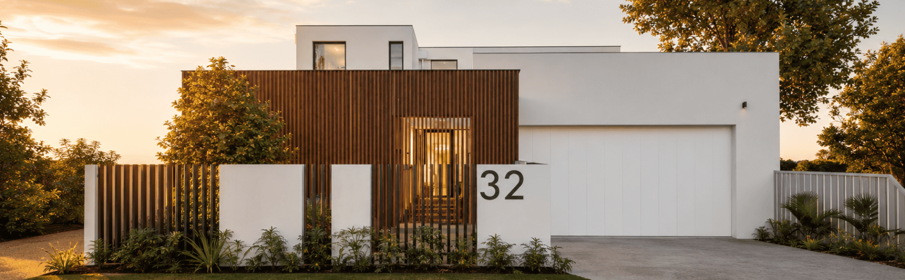 Architectural render of a contemporary custom home at Conochie Crescent featuring timber screening, white walls and a landscaped front garden.