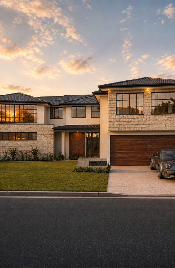 Architectural render of a two-storey custom home featuring brickwork, contrasting facade materials and a landscaped front garden.