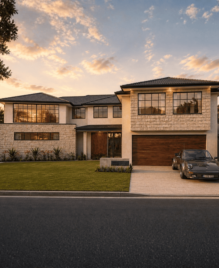 Architectural render of a two-storey custom home featuring brickwork, contrasting facade materials and a landscaped front garden.