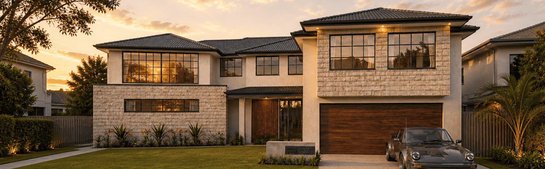 Architectural render of a two-storey custom home featuring brickwork, expansive glazing and warm exterior lighting at sunset.