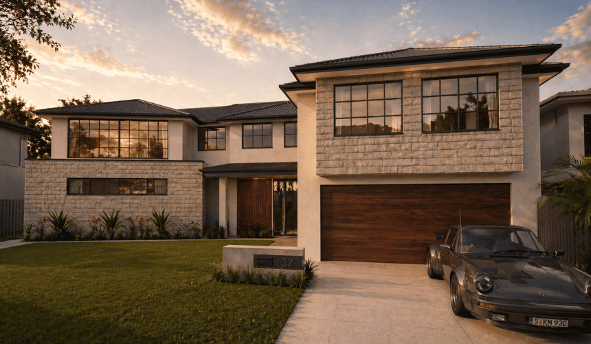 Architectural render of a two-storey custom home featuring contrasting brickwork, large windows and landscaped frontage.