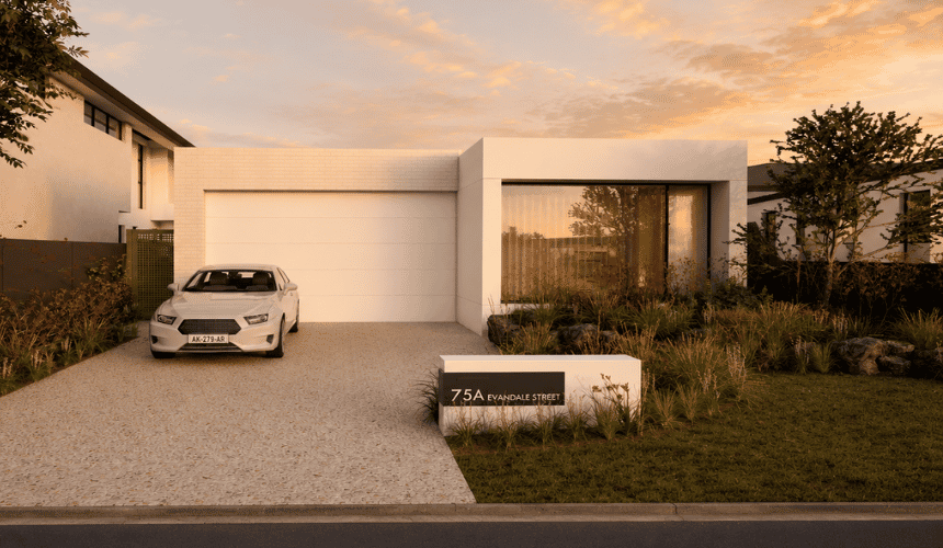 Architectural render of a contemporary custom home in Floreat featuring a minimalist facade, expansive glazing and landscaped gardens.