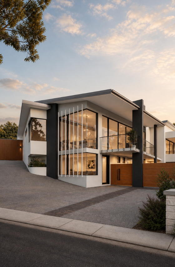 Architectural render of a contemporary two-storey custom home in Stirling with a double-height glazed facade and landscaped outdoor areas.