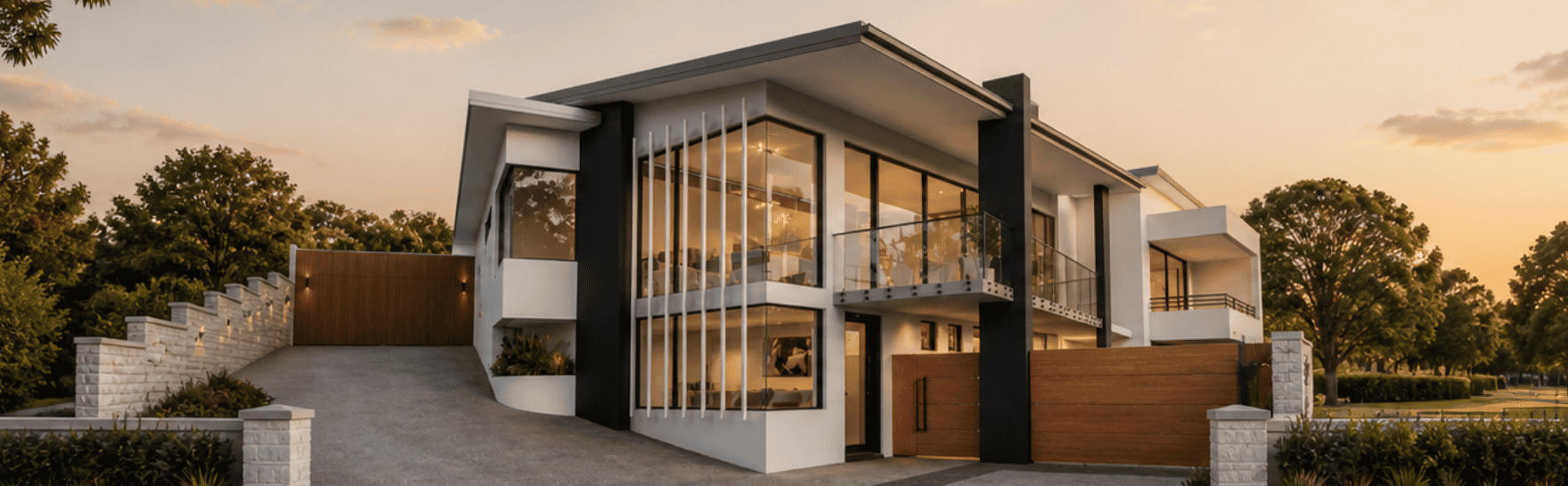 Architectural render of a two-storey custom home in Stirling featuring expansive double-height glazing, pitched rooflines and warm interior lighting.