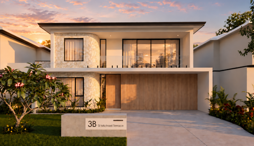 Architectural render of a two-storey custom home in Mount Pleasant, Perth, featuring expansive glazing, warm lighting and landscaped gardens.
