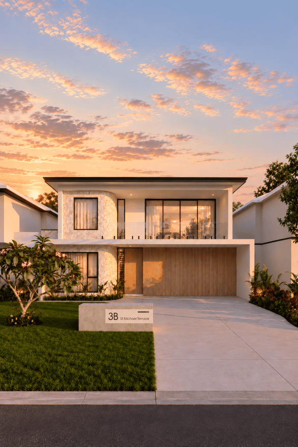 Architectural render of a two-storey custom home coming soon in Mount Pleasant, Perth, featuring expansive glazing, feature lighting and landscaped gardens at sunset.