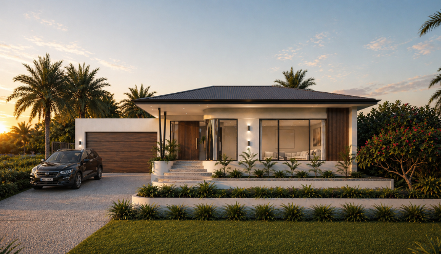 Architectural render in Dianella of a modern single-storey custom home with a low-pitched roof, large windows and landscaped gardens.