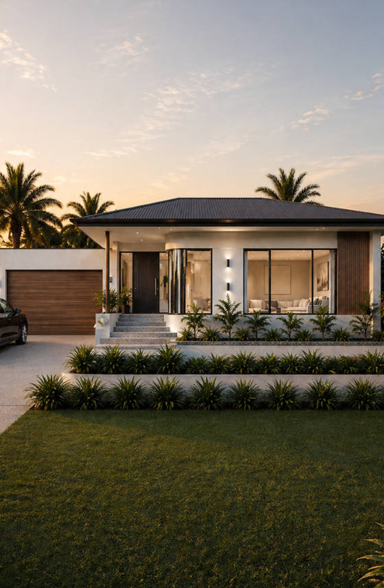 Architectural render of a single-storey custom home in Dianella featuring warm exterior lighting, expansive glazing and contemporary landscaping.