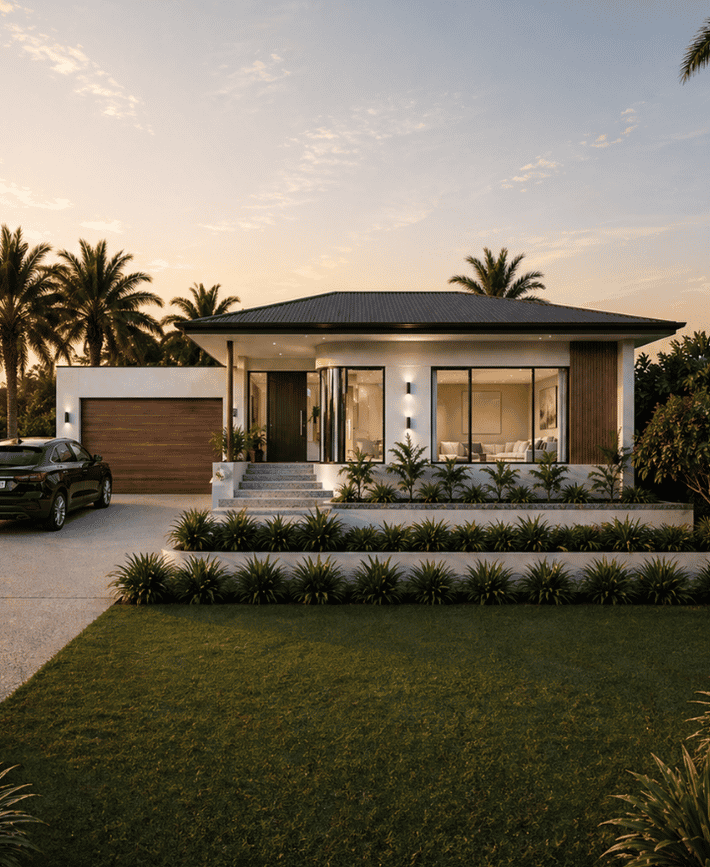 Architectural render of a single-storey custom home in Dianella featuring warm exterior lighting, expansive glazing and contemporary landscaping.