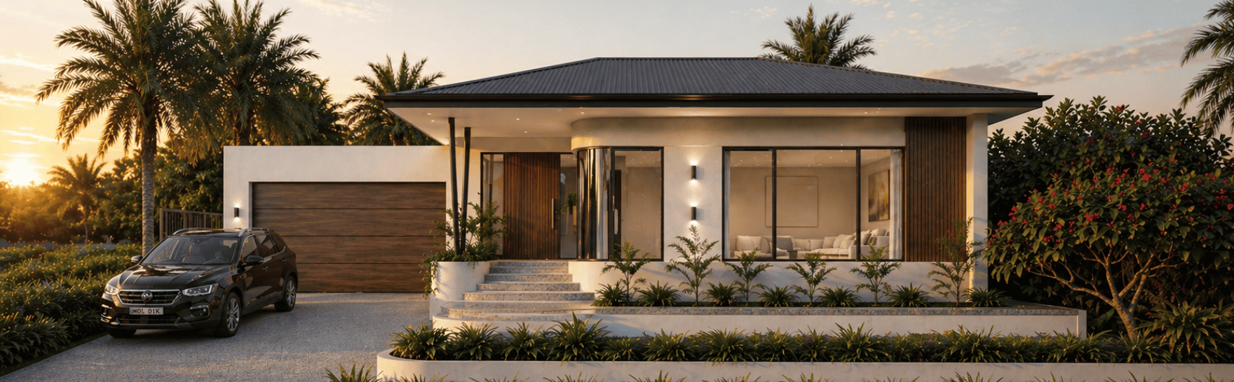 Architectural render of a single-storey custom home featuring a modern facade, expansive glazing and landscaped frontage in Dianella.