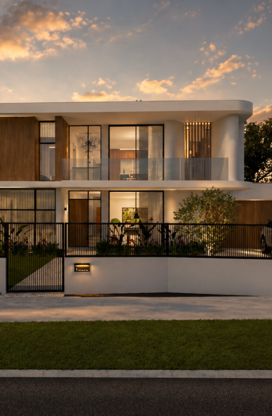 Architectural render of a two-storey custom home in South Perth with a modern facade, extensive glazing and landscaped gardens.
