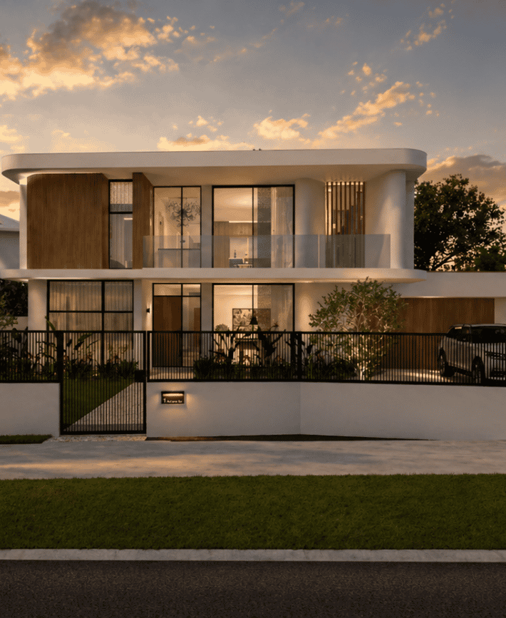 Architectural render of a two-storey custom home in South Perth with a modern facade, extensive glazing and landscaped gardens.