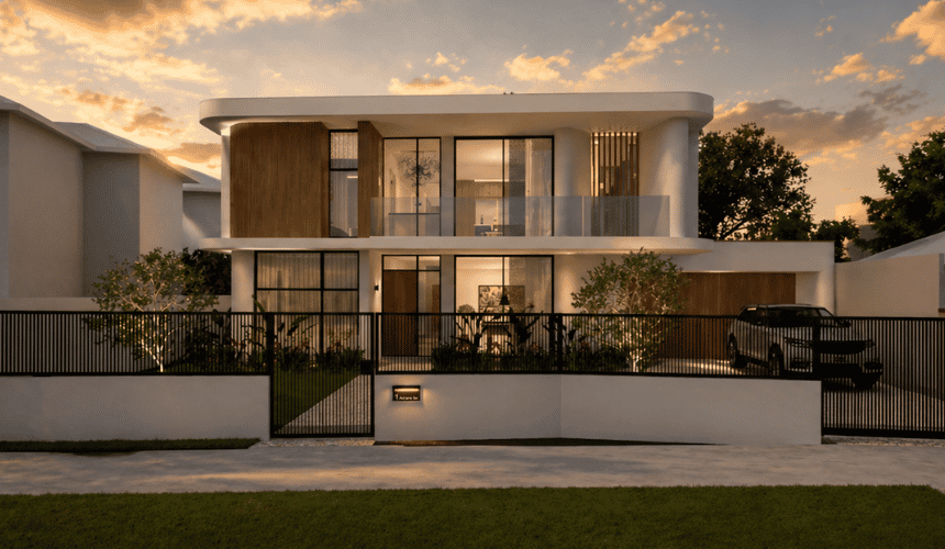 Architectural render of a contemporary South Perth custom home with expansive glazing, balcony and contrasting facade materials.