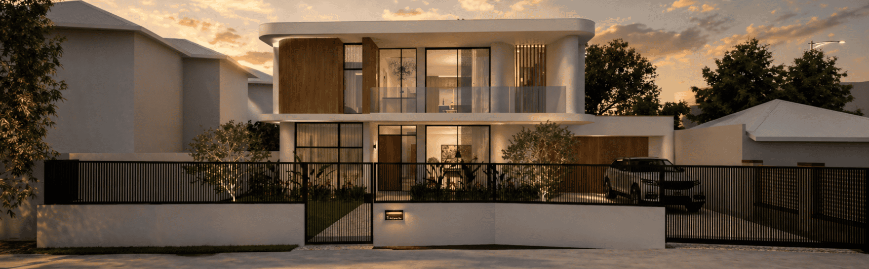 Architectural render of a two-storey custom home in South Perth featuring floor-to-ceiling glazing, stone detailing and a landscaped frontage.