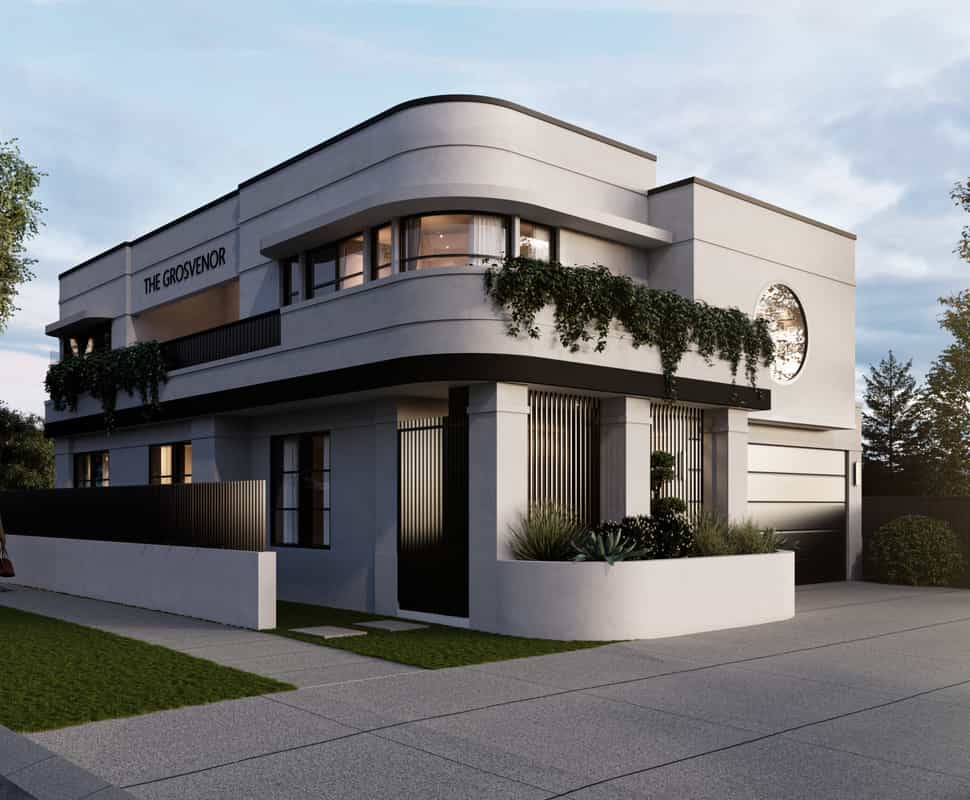 Architectural render of a contemporary multi-storey building featuring curved facade detailing, expansive glazing and landscaped balconies.