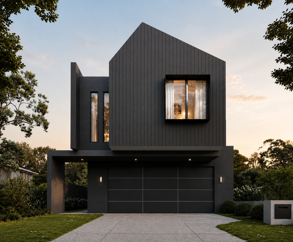 Architectural render of a modern two-storey custom home in Karrinyup featuring dark cladding, pitched rooflines and feature lighting.