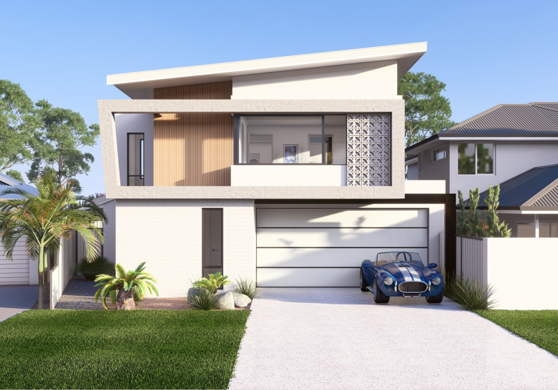 Luxury two-story Perth home design concept with mixed wooden, stone and brick material by Trendsetter Homes.